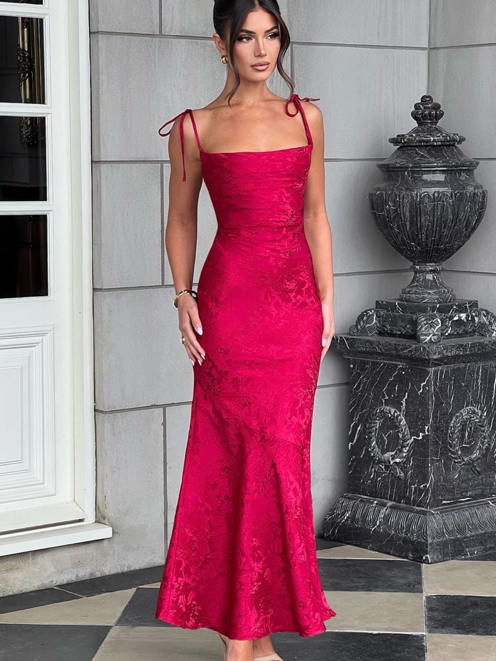 Red Tie-Strap  Maxi Dress